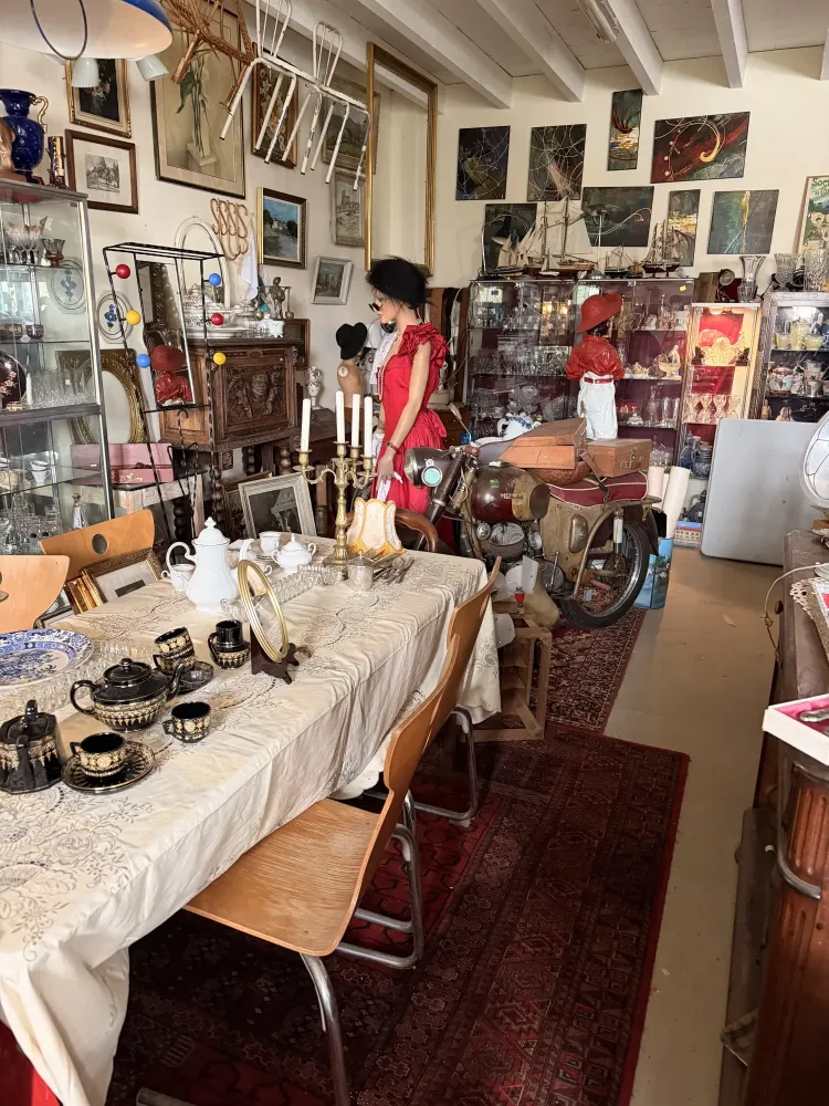 Espace brocante avec meubles anciens, vaisselle et objets de collection dans le Morbihan